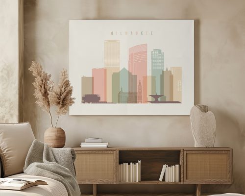 Art print of the Milwaukee city skyline featuring various buildings in pastel colors.