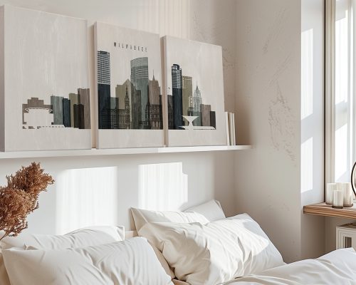 Three-panel artwork depicting a cityscape of Milwaukee with various buildings and structures.