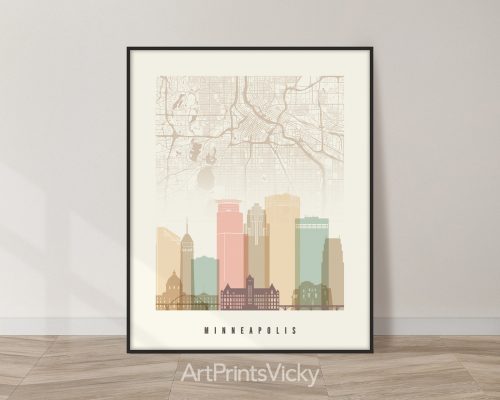 Minneapolis Map and Skyline Print in Pastel Cream by ArtPrintsVicky