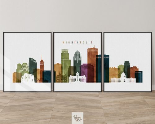 Set of 3 Minneapolis skyline prints in a playful watercolor style by ArtPrintsVicky