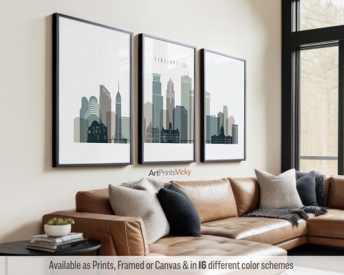 Set of 3 Minneapolis skyline prints in a cool Earth Tones 4 color scheme by ArtPrintsVicky