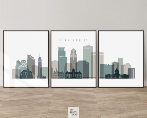 Set of 3 Minneapolis skyline prints in a cool Earth Tones 4 color scheme by ArtPrintsVicky