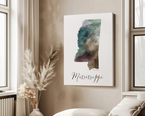 Artistic representation of the state of Mississippi with watercolor effects and the name 'Mississippi' below.
