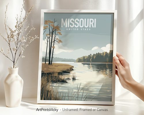 Art print featuring a landscape of Missouri with mountains and a lake, framed in a white border.