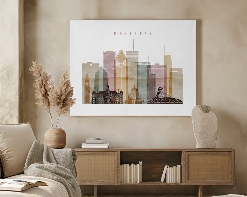 Art print of a stylized cityscape featuring buildings in Montreal with a pastel color palette.