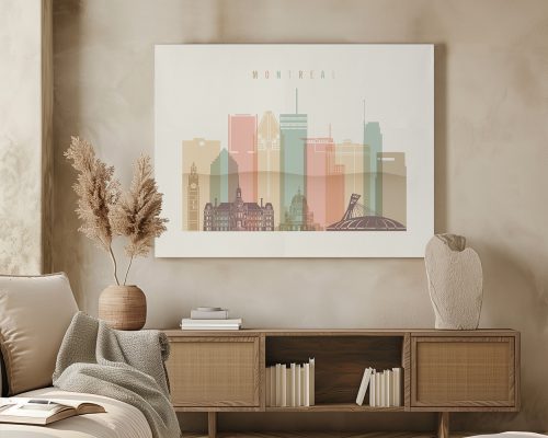 Art print depicting a stylized skyline of Montreal with various buildings and structures.