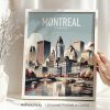 Framed artwork depicting a cityscape of Montreal, Canada with buildings and water.