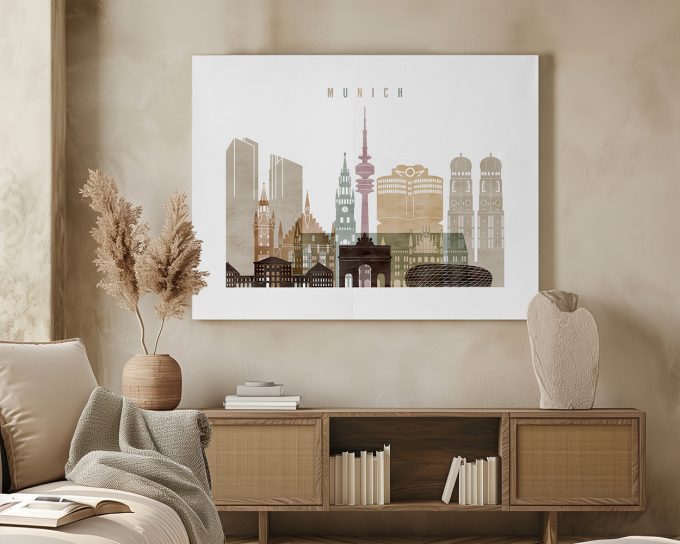 Art print of a cityscape featuring notable buildings and structures from Munich.