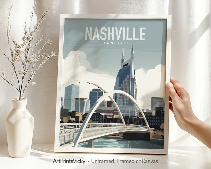 Art print of Nashville, Tennessee featuring a skyline and bridge illustration.