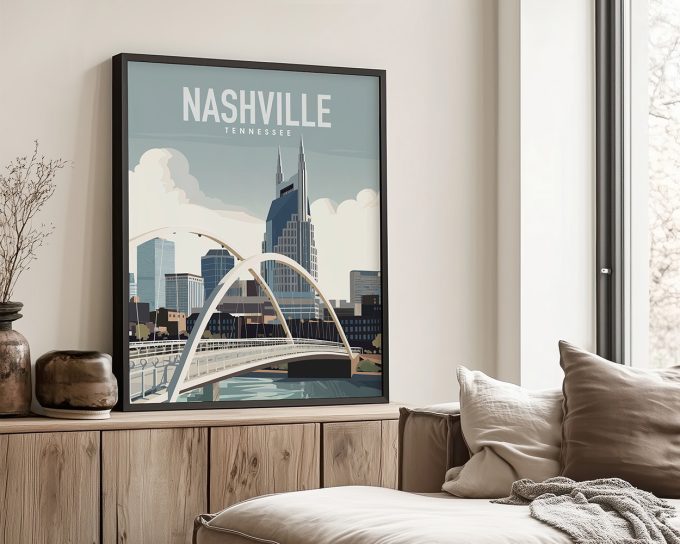 Art print featuring a stylized illustration of Nashville, Tennessee with a bridge and skyline.