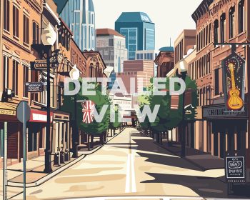 Illustration of a Nashville street with buildings, trees, and a guitar sign.
