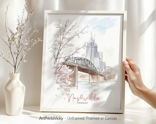 Illustration of Nashville, Tennessee featuring a bridge and skyline in a framed print.
