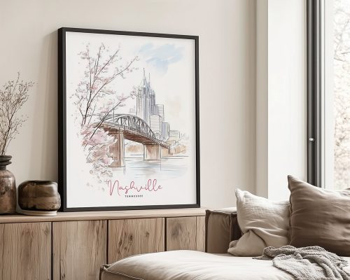 Illustration of Nashville, Tennessee featuring a bridge and city skyline with cherry blossoms.