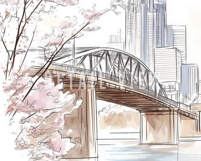 Illustration of a bridge in Nashville with buildings and cherry blossoms in the foreground.
