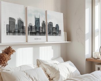 Three-panel canvas artwork depicting a skyline of Nashville with notable buildings and structures.