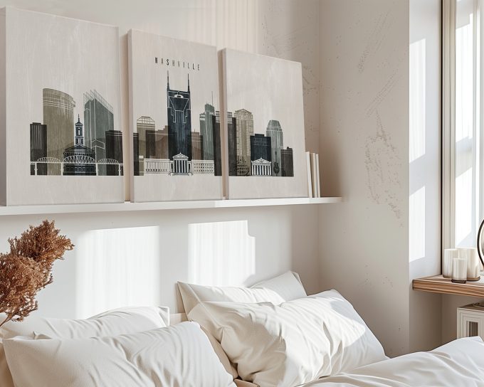 Three-panel artwork depicting a cityscape of Nashville with notable buildings and skyline features.