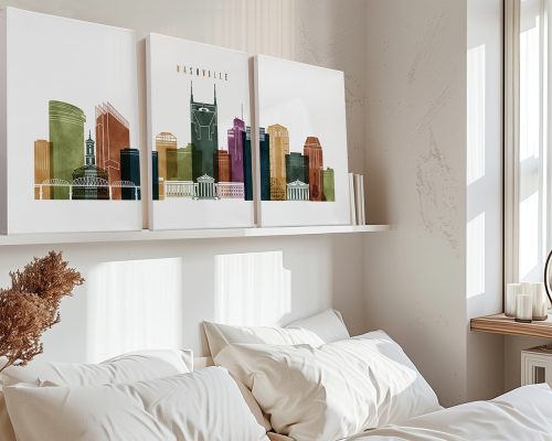 Three-panel watercolor artwork depicting a stylized skyline of Nashville with various buildings and landmarks.