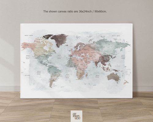 Canvas World Map Print in Pastel Watercolors by ArtPrintsVicky