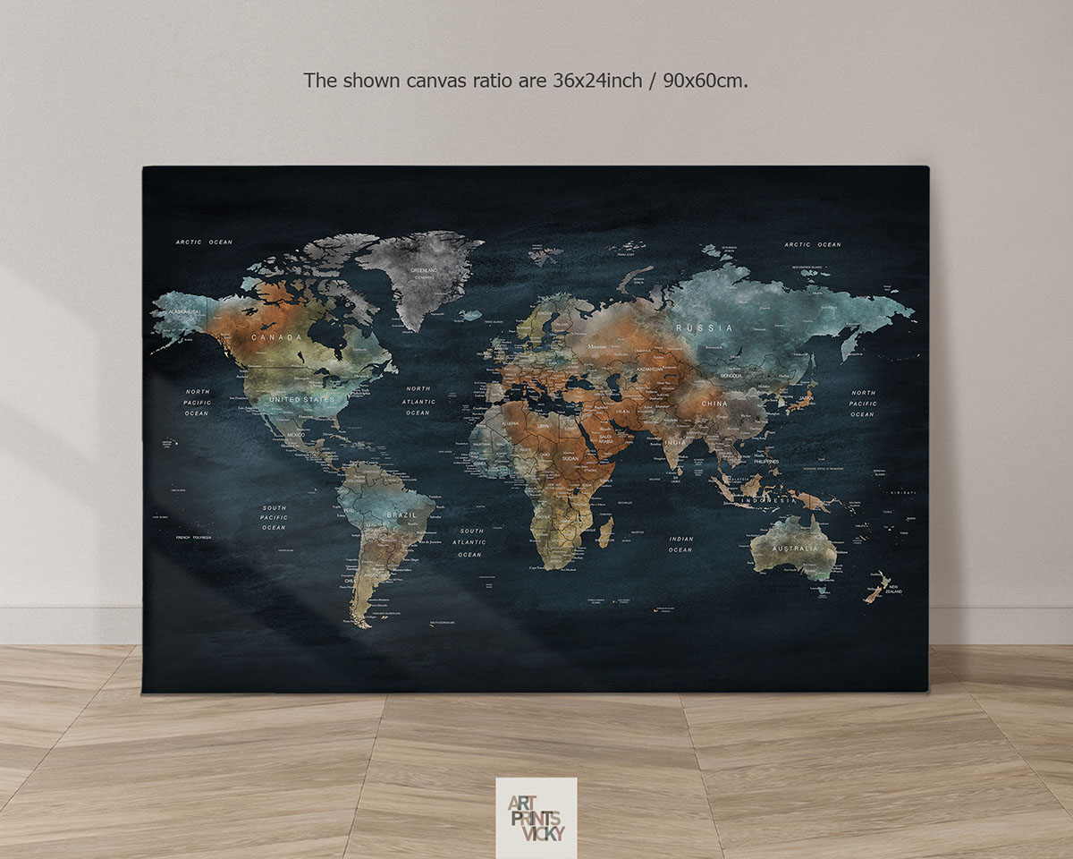 World Map Canvas Large Dark Bluish