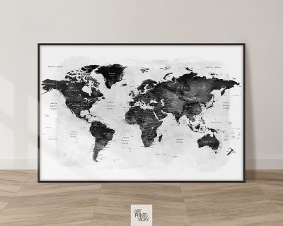 World map poster detailed black and white