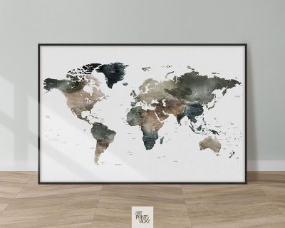 World Map Watercolor 2 detailed Print
