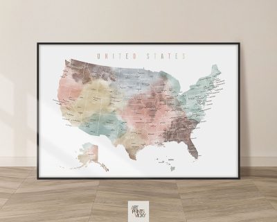 USA map print detailed pastel white