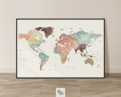 World Map Poster Detailed In Pastel Cream Watercolor