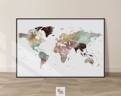 World map print watercolor