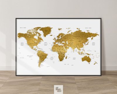 Large world map poster faux gold