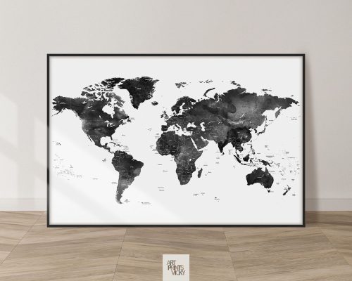 World map black and white poster detailed
