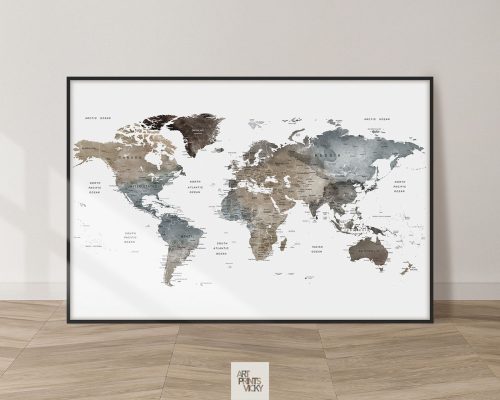 world map poster detailed earth tones