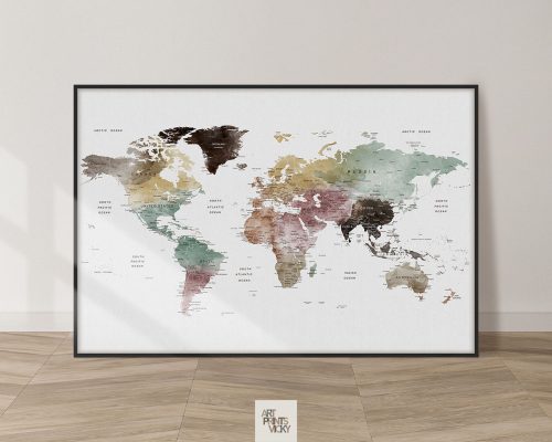 Watercolor World Map Poster with Labels