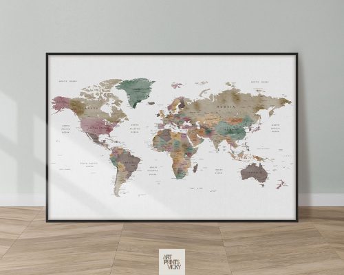 Large world map watercolor poster