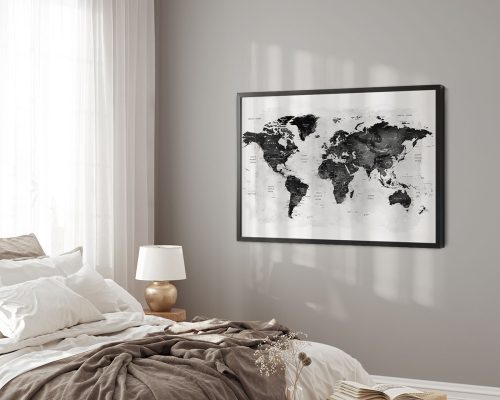 World map poster detailed black and white second