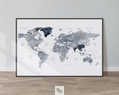 World map art detailed grey blue