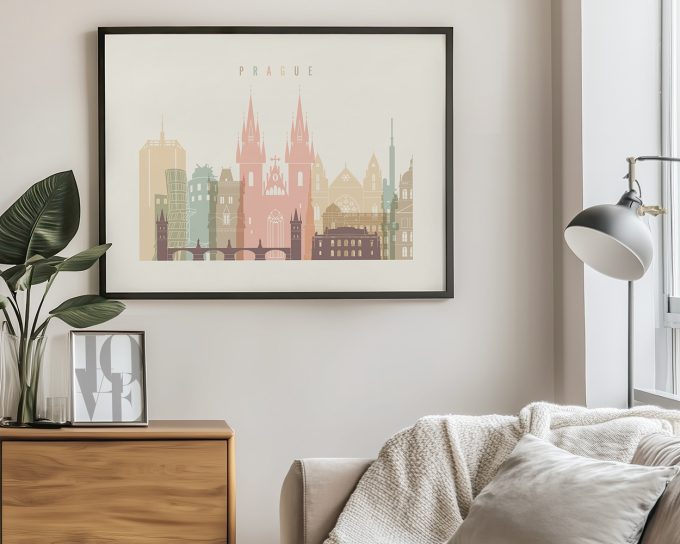 Art print of a cityscape featuring notable buildings from Prague in pastel colors.