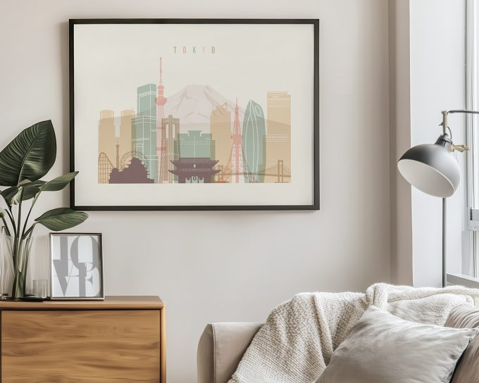 Art print of a stylized Tokyo cityscape featuring notable buildings and Mount Fuji in the background.