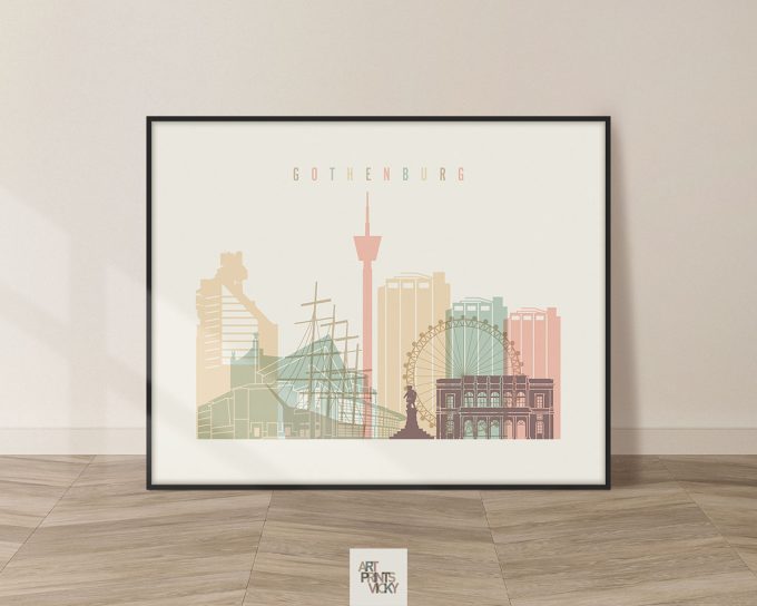 Art print featuring a stylized cityscape of Gothenburg with notable buildings and structures.