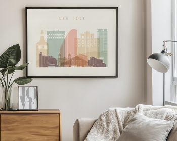 Art print featuring a stylized cityscape of San Jose with various buildings and structures.