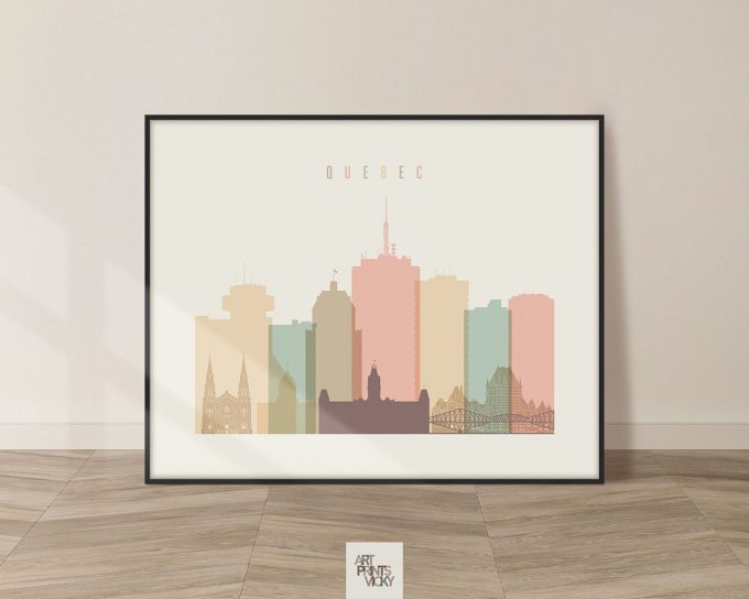 Silhouette of Quebec City skyline with pastel colors and the word 'Quebec' at the top.