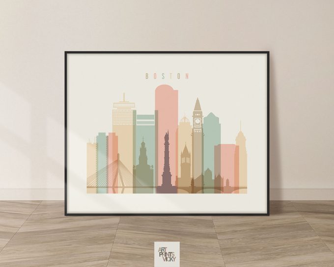 Illustration of Boston skyline featuring various buildings and landmarks in pastel colors.