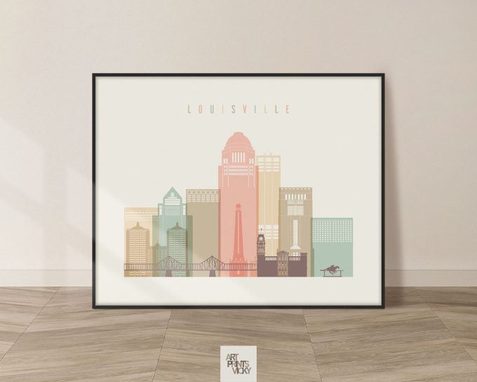 Art print featuring a stylized cityscape of Louisville with various buildings and structures.