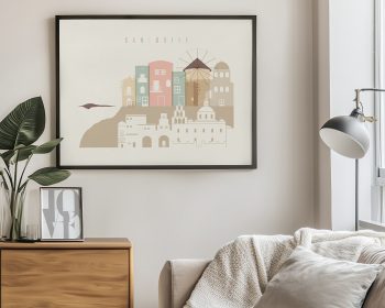Art print featuring a stylized illustration of Santorini's buildings and windmill in soft colors.