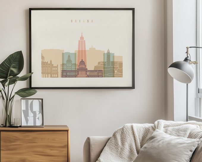 Illustration of Havana city skyline featuring notable buildings in pastel colors.