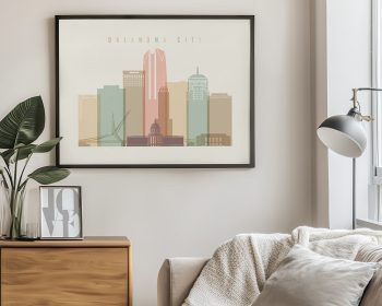 Art print of Oklahoma City's skyline featuring various buildings in pastel colors.