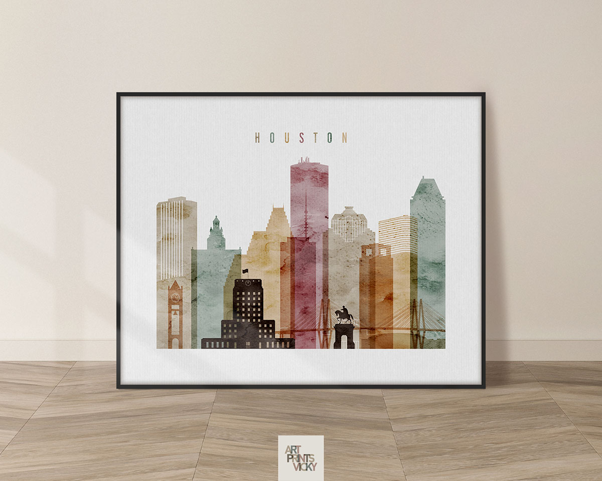 Houston skyline poster landscape watercolor 1