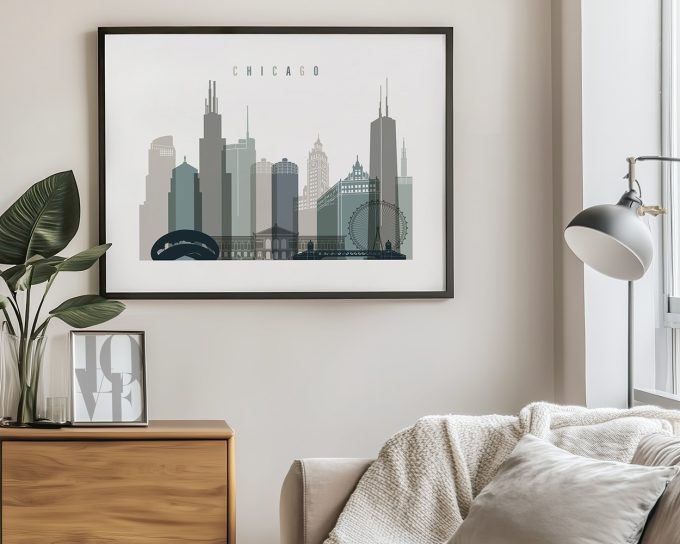 Illustration of the Chicago skyline featuring notable buildings and structures in muted colors.