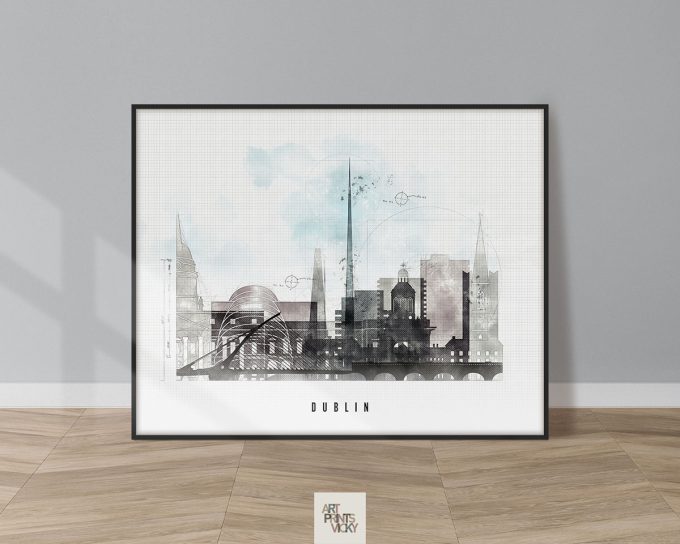 Artistic representation of Dublin's skyline with various buildings and a bridge.