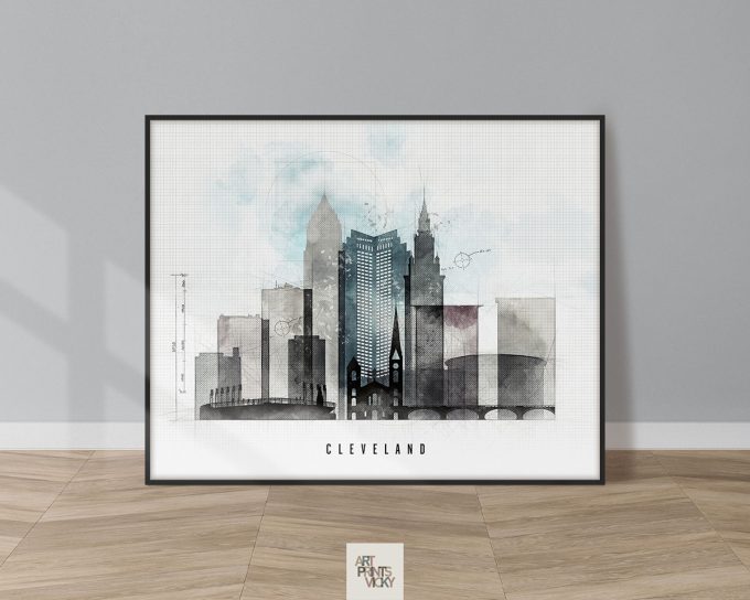 Art print of Cleveland city skyline featuring various buildings and structures in a minimalist style.