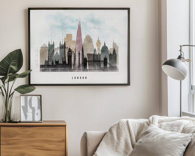 Art print featuring a stylized cityscape of London with notable landmarks and a light color palette.